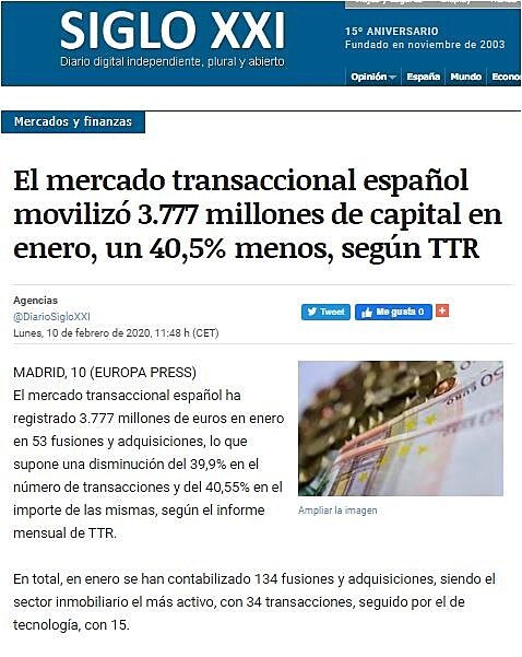 El mercado transaccional espaol moviliz 3.777 millones de capital en enero, un 40,5% menos, segn TTR